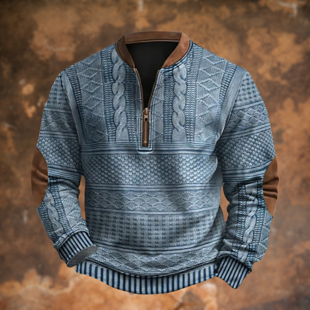 Men's cable-knit quarter-zip sweater by Homixa featuring long sleeves and elbow patches on a neutral background.