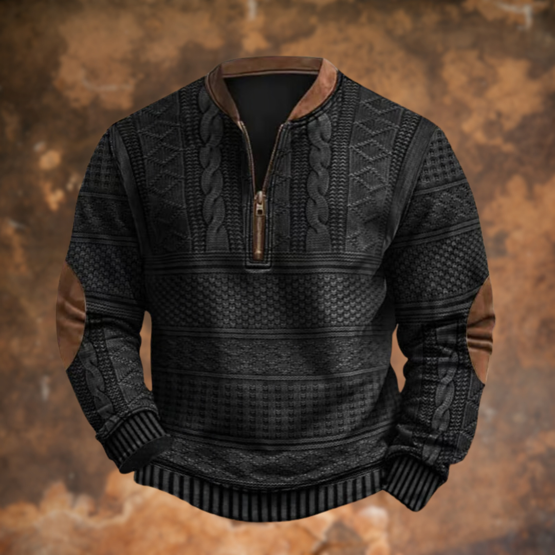 Homixa men's cable-knit quarter-zip sweater with long sleeves and elbow patches, featuring a classic knit design.