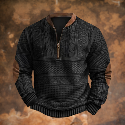Homixa men's cable-knit quarter-zip sweater with long sleeves and elbow patches, featuring a classic knit design.