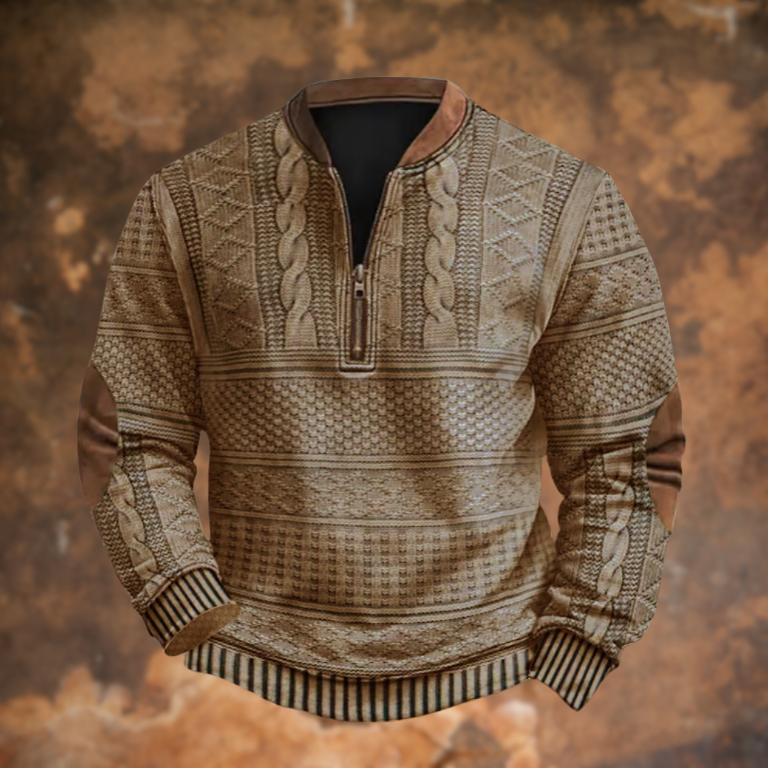 Homixa men's cable-knit quarter-zip sweater with long sleeves and elbow patches, featuring a classic knit design.
