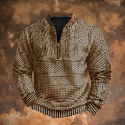 Homixa men's cable-knit quarter-zip sweater with long sleeves and elbow patches, featuring a classic knit design.