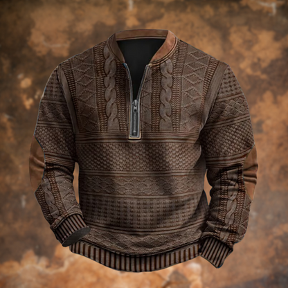 Men's cable-knit quarter-zip sweater by Homixa featuring long sleeves and elbow patches, styled for casual wear.