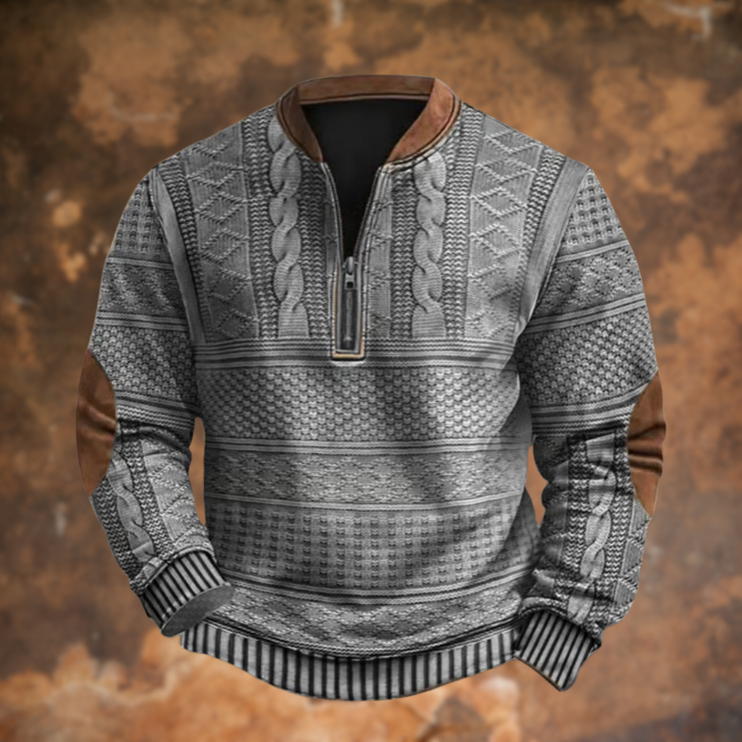 Men's cable-knit quarter-zip sweater by Homixa featuring long sleeves and elbow patches, casual knitwear for men.