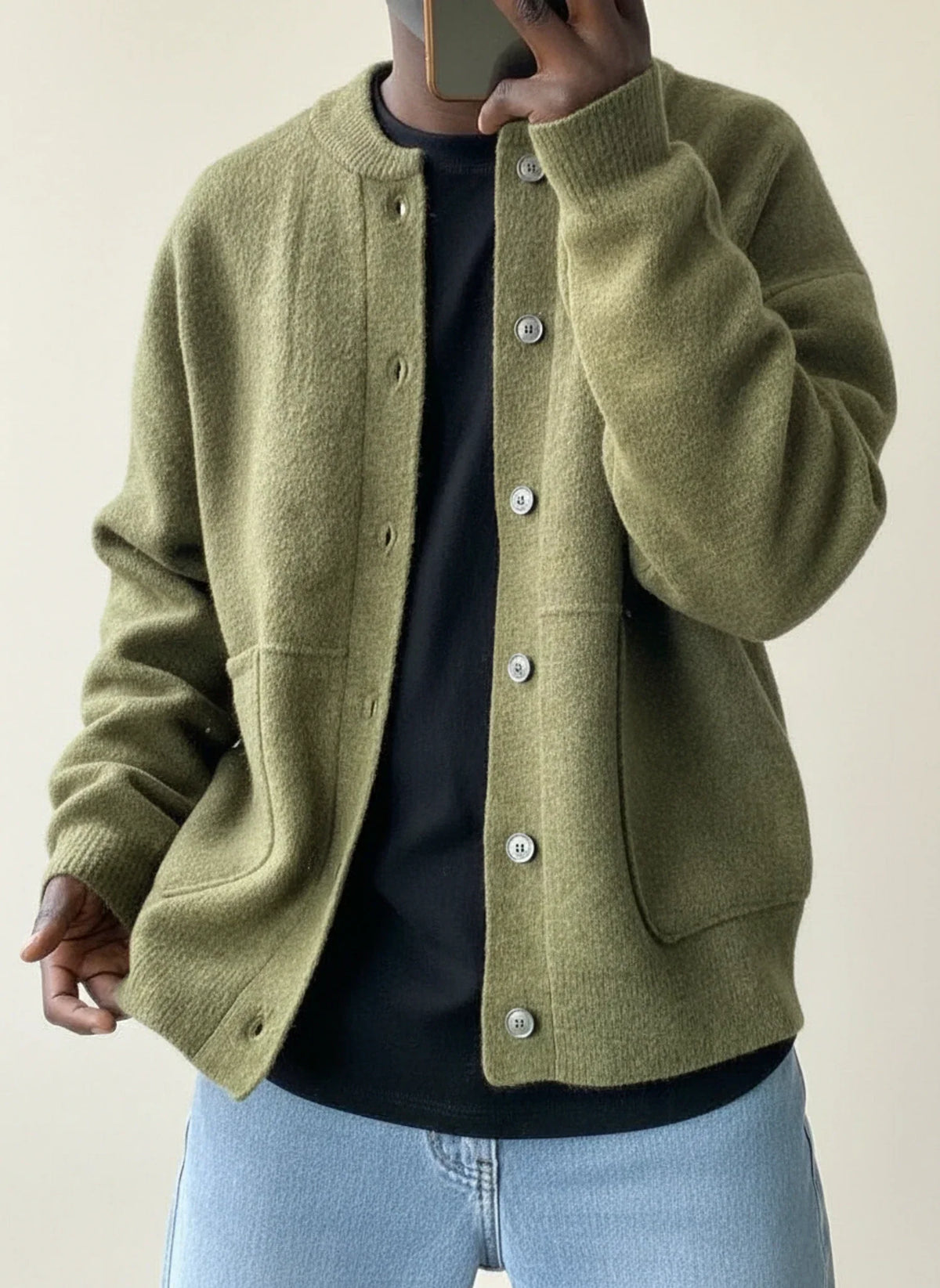 Men's casual button-front sweater jacket by Homixa featuring ribbed cuffs and patch pockets, styled for everyday wear.