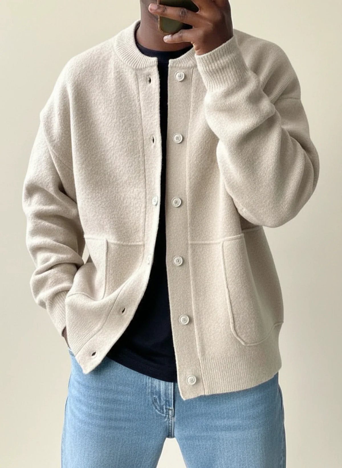 Men's casual button-front sweater jacket by Homixa with ribbed cuffs and patch pockets, suitable for everyday wear.