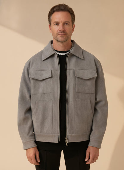 Men's casual faux suede bomber jacket with zip front, trucker style and chest pockets, by Homixa.