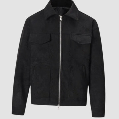 Men's casual faux suede bomber jacket by Homixa with zip front, trucker style, chest pockets, and a relaxed fit.