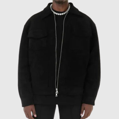 Men's casual faux suede bomber jacket by Homixa featuring a zip front, chest pockets, and trucker-style design.
