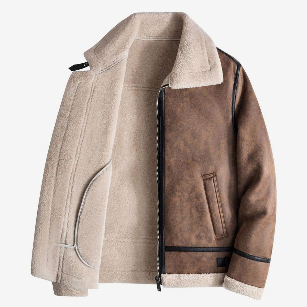 Men's Homixa aviator jacket with faux-shearling lining, zip-up front, and leather finish, showcasing a stylish and warm outerwear design.