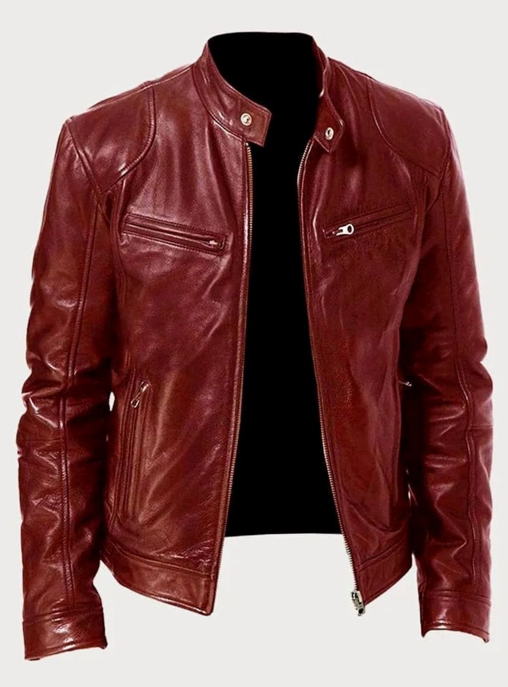 Men's slim-fit leather-style biker jacket with zip front and zip pockets, featuring a classic moto jacket design by Homixa.