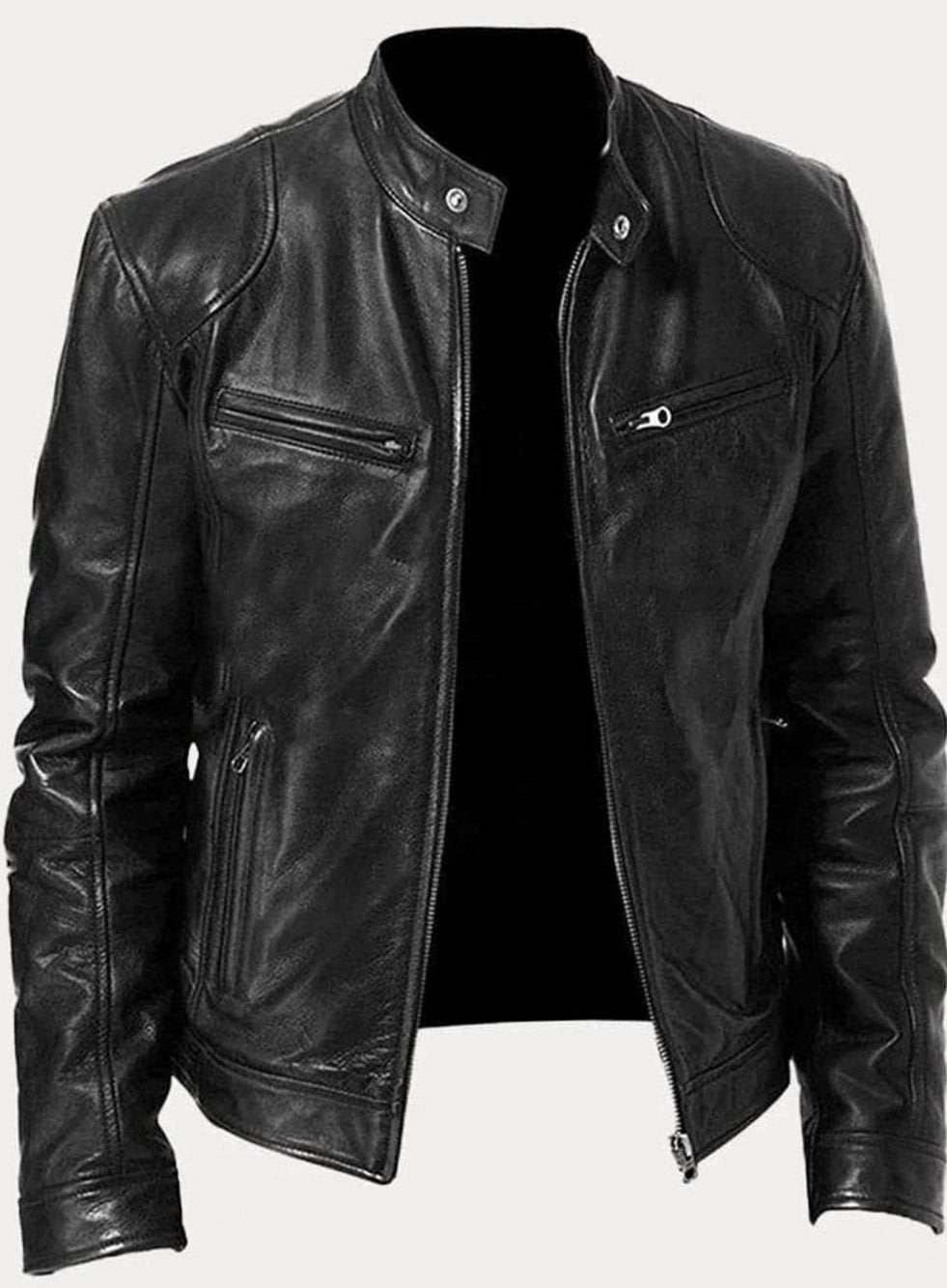 Men's slim-fit leather-style biker jacket by Homixa with zip front closure and zip pockets, showcasing a classic moto jacket design.