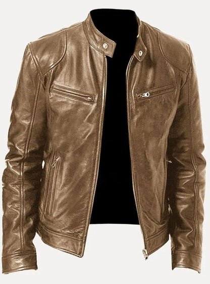 Men's slim-fit leather-style biker jacket with zip front and pockets, styled for a classic, edgy look by Homixa.