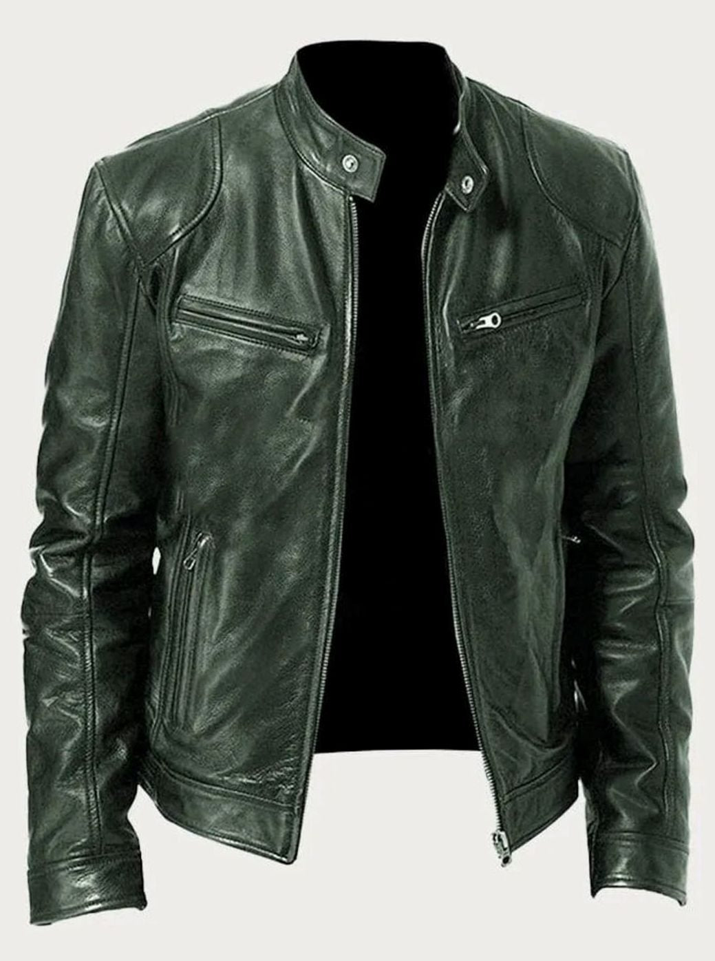 Men's slim-fit leather-style zip-front biker jacket with zip pockets, classic design from Homixa, perfect for a stylish motorcycle look.