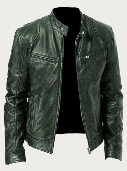 Men's slim-fit leather-style zip-front biker jacket with zip pockets, classic design from Homixa, perfect for a stylish motorcycle look.