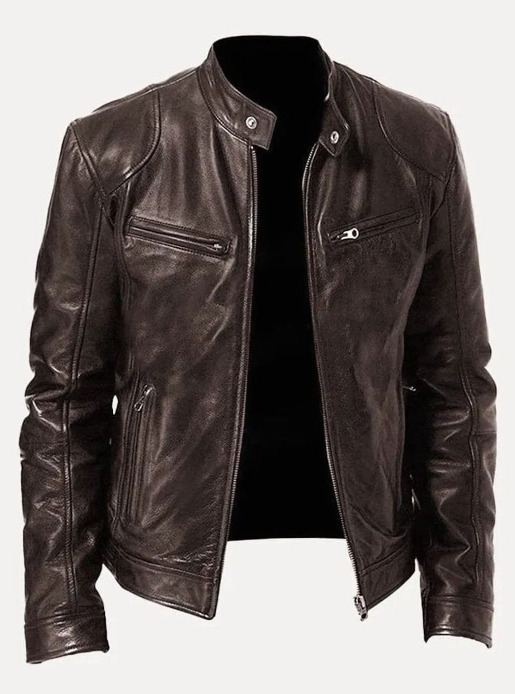 Men's slim-fit leather-style biker jacket with zip front and pockets, by Homixa, featuring classic moto jacket design.