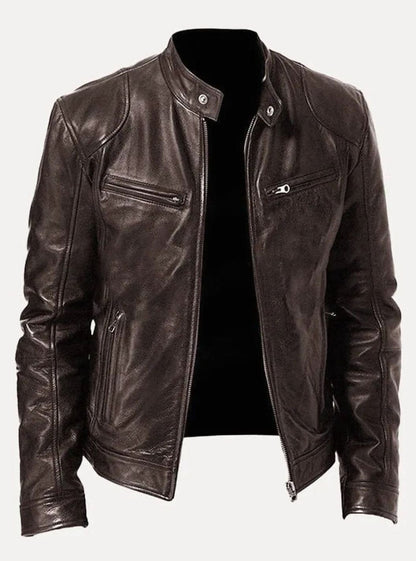 Men's slim-fit leather-style biker jacket with zip front and pockets, by Homixa, featuring classic moto jacket design.