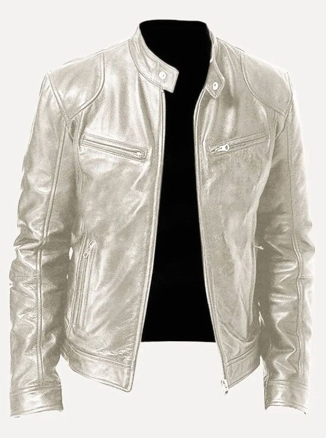 Men's slim-fit leather-style zip-front biker jacket with zip pockets, classic moto jacket by Homixa, showcasing its stylish design.