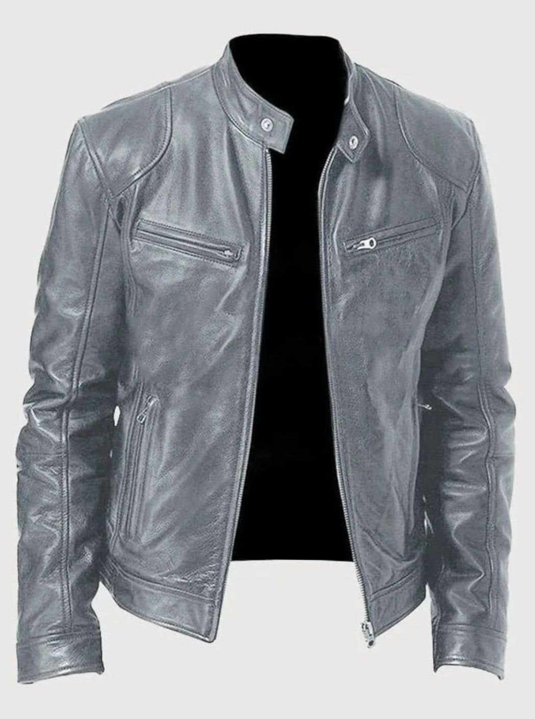 Men's slim-fit leather-style biker jacket with zip front and zip pockets, made by Homixa, featuring a classic moto jacket design.