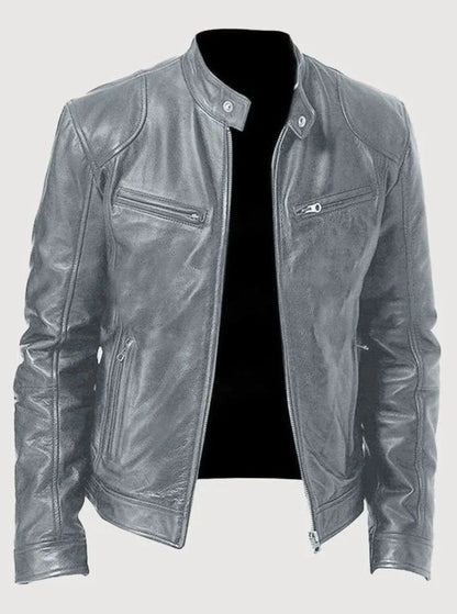 Men's slim-fit leather-style biker jacket with zip front and zip pockets, made by Homixa, featuring a classic moto jacket design.