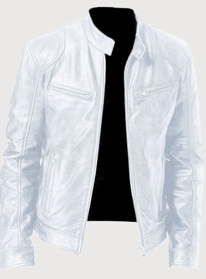 Men's slim-fit leather-style biker jacket with zip-front closure and zip pockets, designed by Homixa, for a classic motorcycle look.