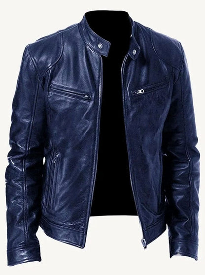 Men's slim-fit leather-style biker jacket with zip front and zip pockets, featuring a classic moto jacket design by Homixa.