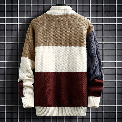 Men's color-block chunky-knit sweater with cable-knit sleeves and turtleneck by Homixa, featuring bold color contrasts and cozy knit texture.