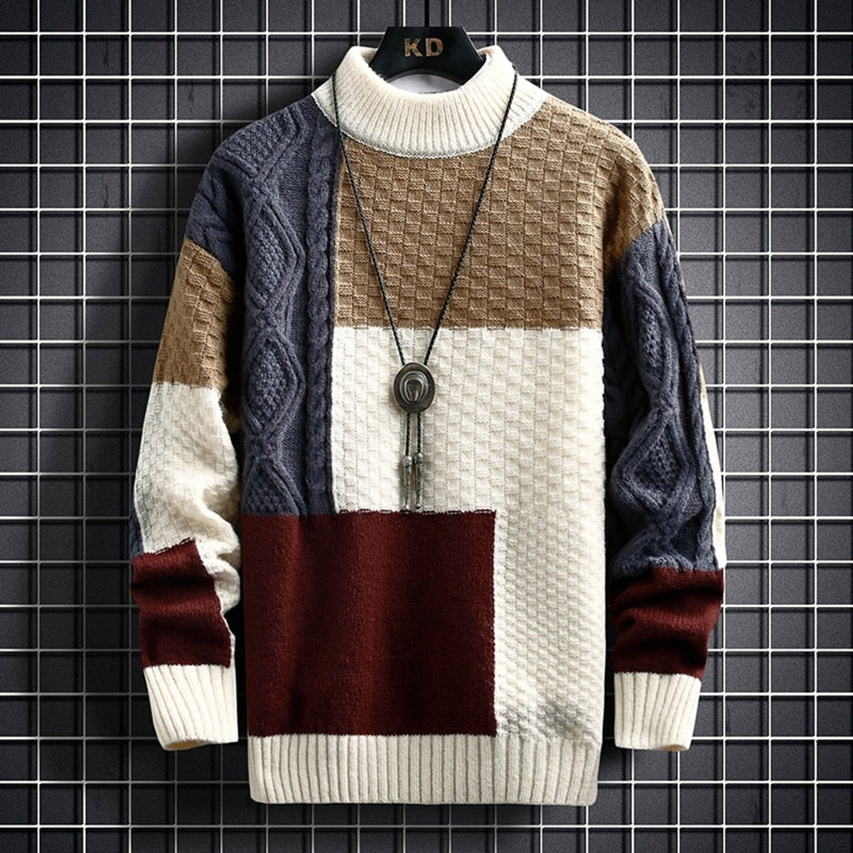 Men's color-block chunky-knit sweater with cable-knit sleeves and turtleneck, stylish Homixa knitwear for cold weather.