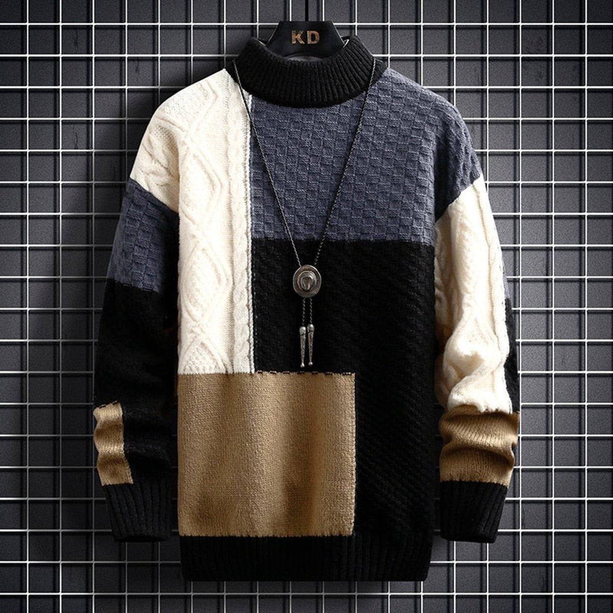 Men's color-block chunky-knit sweater by Homixa featuring cable-knit sleeves and a turtleneck for cozy winter style.