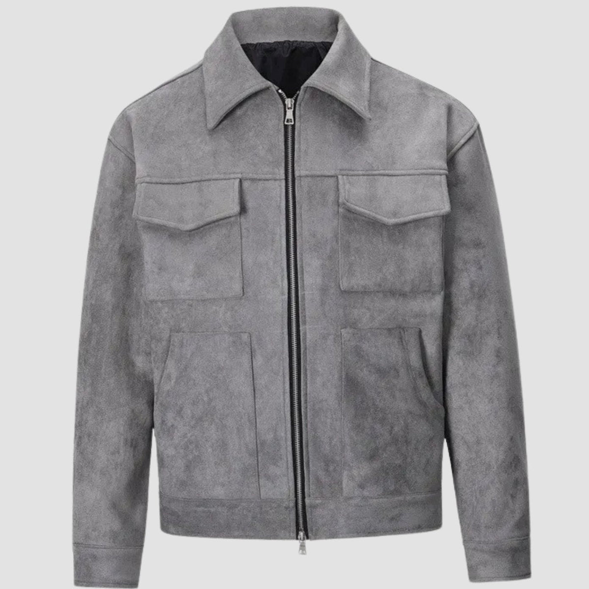 Men's faux suede trucker jacket by Homixa with shirt collar, zip front, and four pockets, displayed on a hanger.