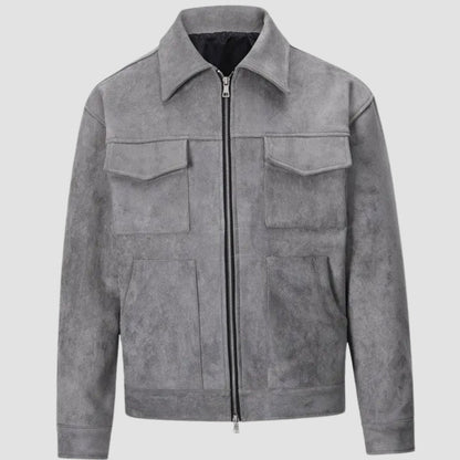 Men's faux suede trucker jacket by Homixa with shirt collar, zip front, and four pockets, displayed on a hanger.