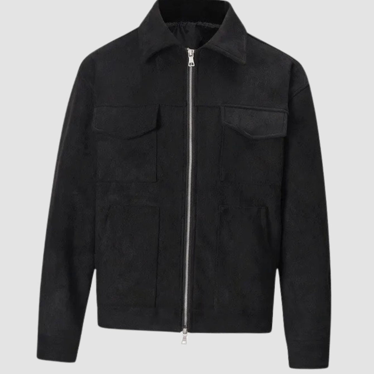 Men's Homixa faux suede trucker jacket with shirt collar, zip front, and four pockets, displayed on a hanger.
