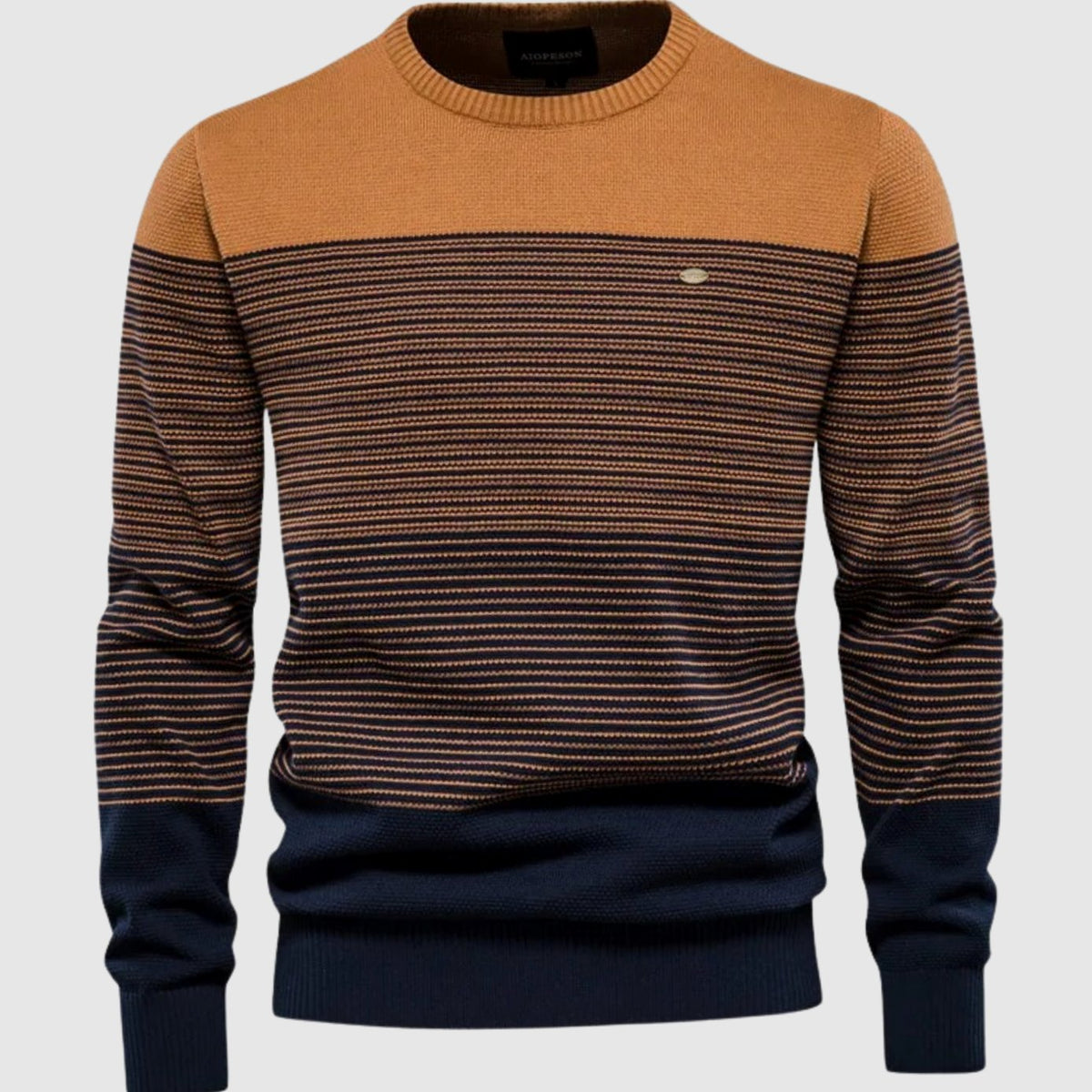Men's Homixa striped knit crew-neck sweater with ribbed cuffs and gradient stripe pattern, showcasing a cozy, stylish pullover.