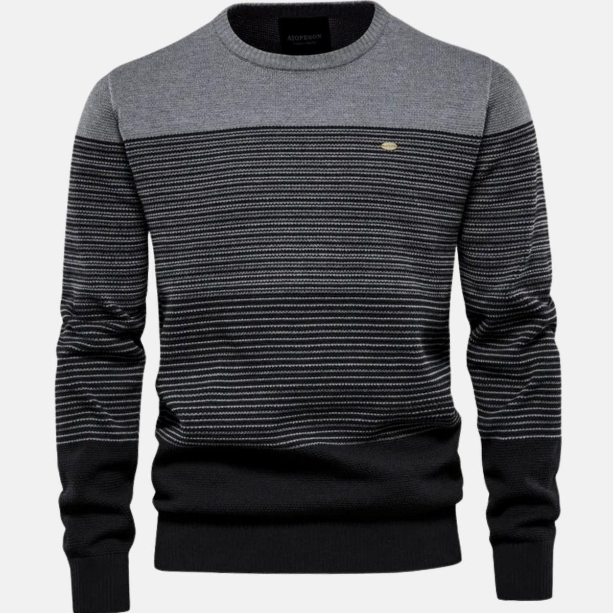Men's Homixa striped knit pullover with fine-knit crew neck, ribbed cuffs, and gradient stripe design.