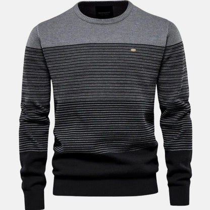 Men's Homixa striped knit pullover with fine-knit crew neck, ribbed cuffs, and gradient stripe design.