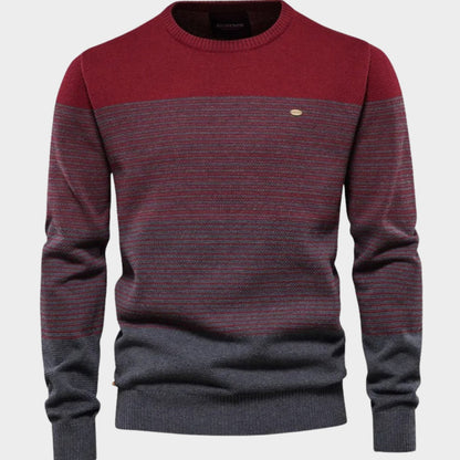 Men's Homixa striped knit crew-neck sweater with ribbed cuffs and gradient stripe pattern, casual and stylish knit pullover.