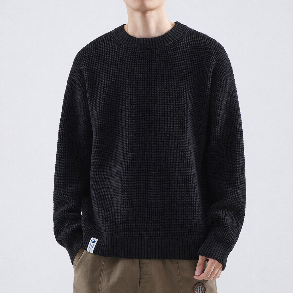 Homixa men's fine-textured crew-neck sweater featuring ribbed collar, cuffs, and hem, made from soft knit fabric.