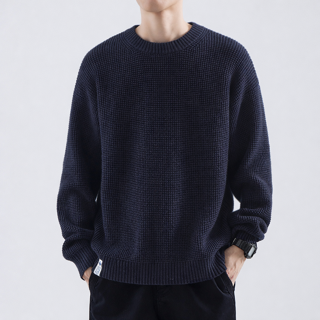 Men's Homixa crew-neck sweater with fine texture, ribbed collar, cuffs, and hem, stylish and comfortable for casual wear.