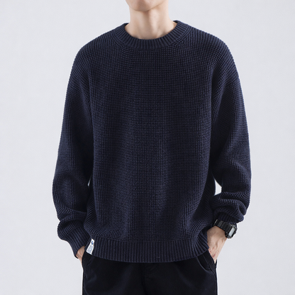 Men's Homixa crew-neck sweater with fine texture, ribbed collar, cuffs, and hem, stylish and comfortable for casual wear.