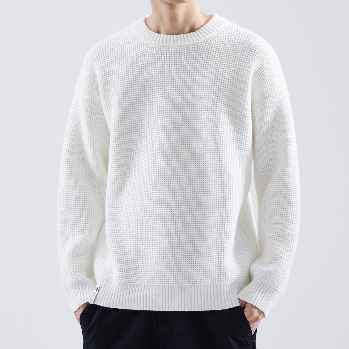Men's Homixa fine-textured crew-neck sweater with ribbed collar, cuffs, and hem, showcasing a comfortable and stylish knit design.