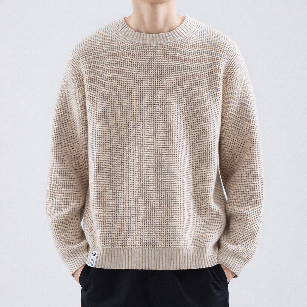 Men's fine-textured crew-neck sweater by Homixa with ribbed collar, cuffs, and hem, shown in a close-up view.
