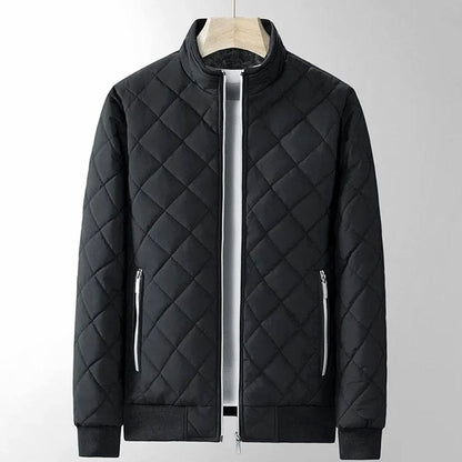 Men's fitted diamond-stitch quilted zip-up bomber jacket with ribbed cuffs, stylish Homixa men's bomber jacket on a model.
