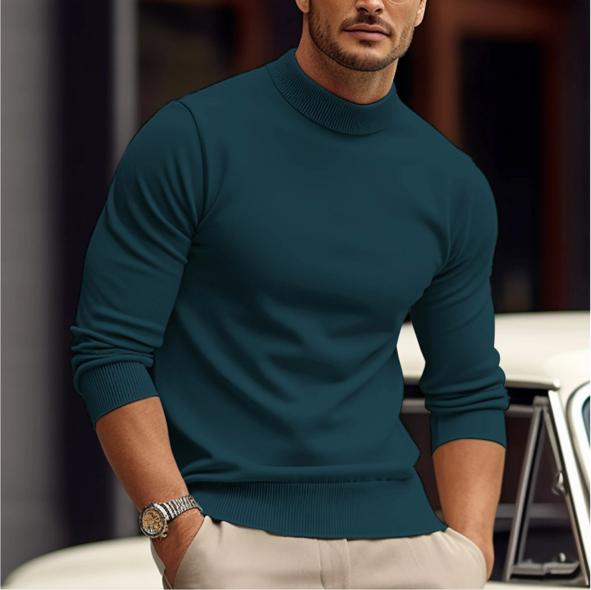 Homixa men's fitted ribbed-knit turtleneck sweater with long sleeves, perfect for layering and casual wear.