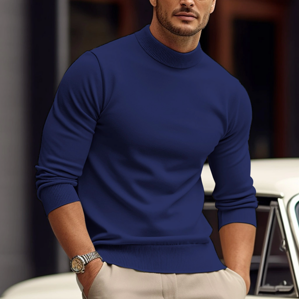 Men’s fitted ribbed-knit turtleneck sweater with long sleeves in a layered style, by Homixa, shown on a model.