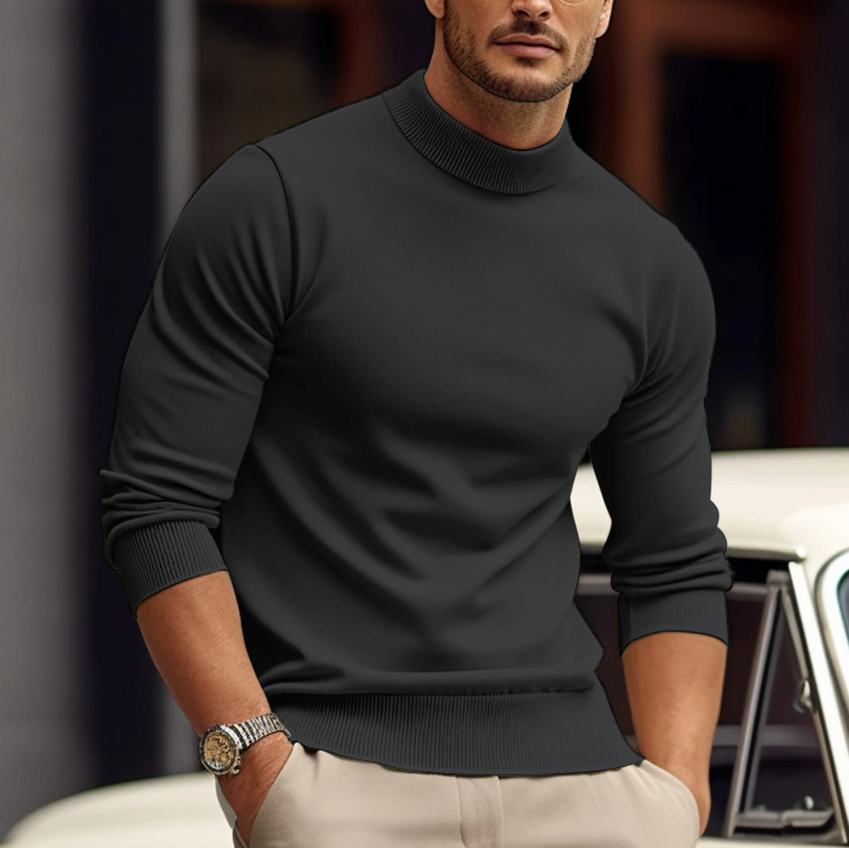 Homixa men's fitted ribbed-knit turtleneck sweater with long sleeves, perfect for layering and casual wear.