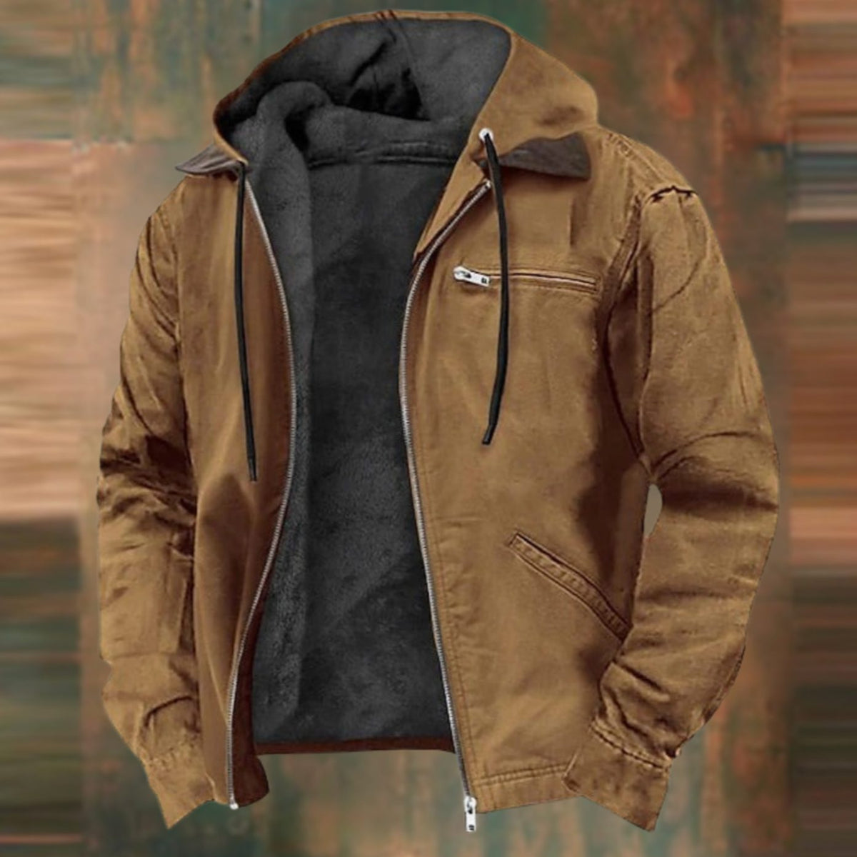 Men's Homixa fleece-lined winter jacket with hood, zip front, and zippered chest pocket, perfect for cold weather.