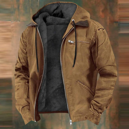 Men's Homixa fleece-lined winter jacket with hood, zip front, and zippered chest pocket, perfect for cold weather.
