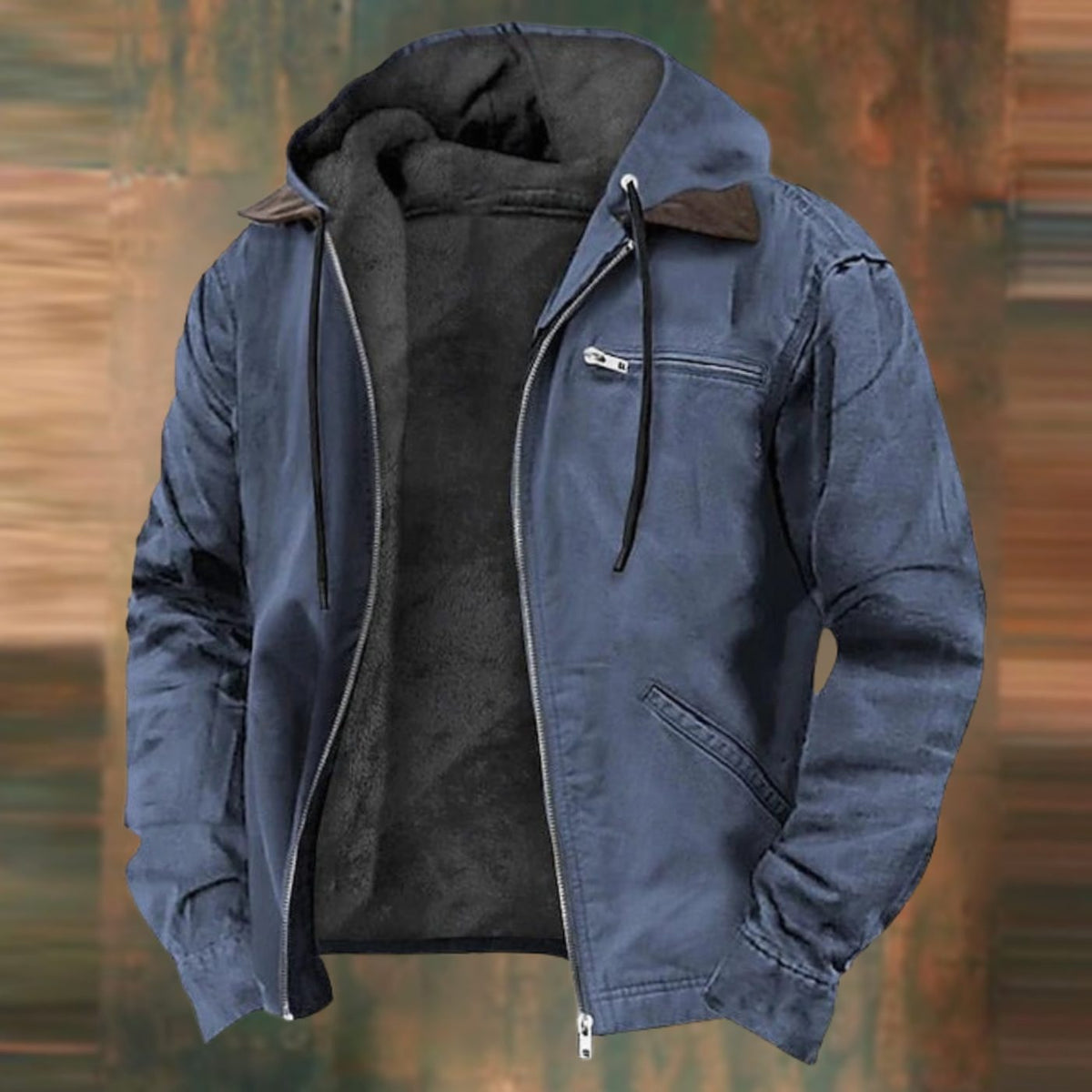 Men's Homixa fleece-lined hooded winter jacket with zip front and zippered chest pocket, ideal for cold weather.