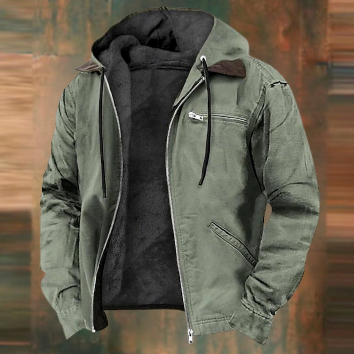 Men's fleece-lined hooded winter jacket by Homixa featuring a zip front and zippered chest pocket, suitable for cold weather.
