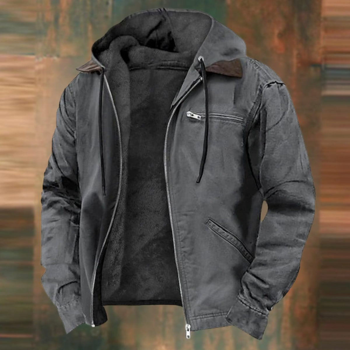 Men's fleece-lined hooded winter jacket with zip front and zippered chest pocket by Homixa, shown on a hanger.