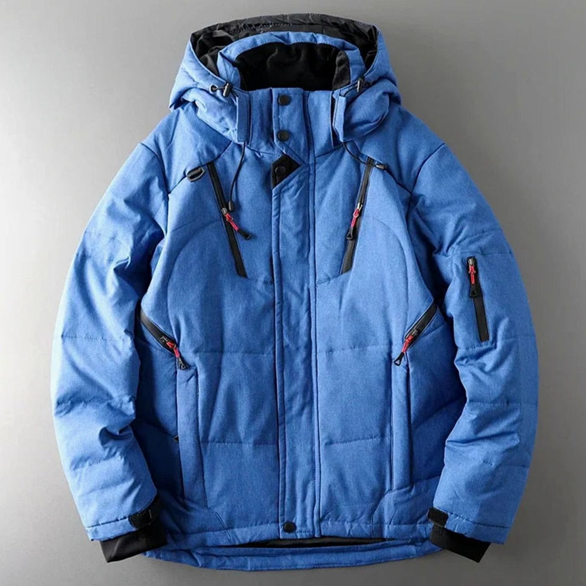 Men's Homixa insulated hooded water-resistant puffer jacket with zip pockets, featuring a lined interior and adjustable hood.
